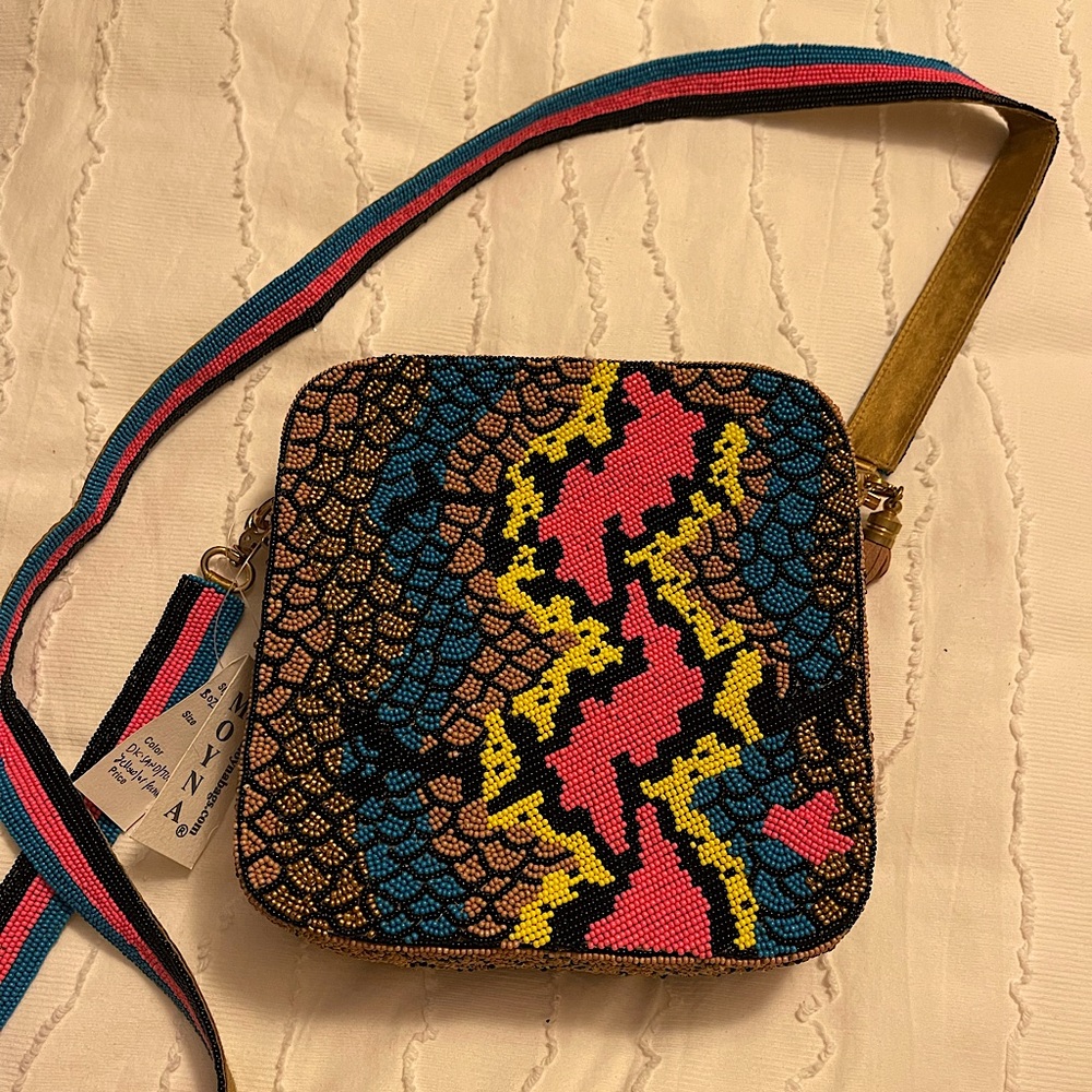 One of a Kind Moyna NYC beaded multi color snake print crossbody purse